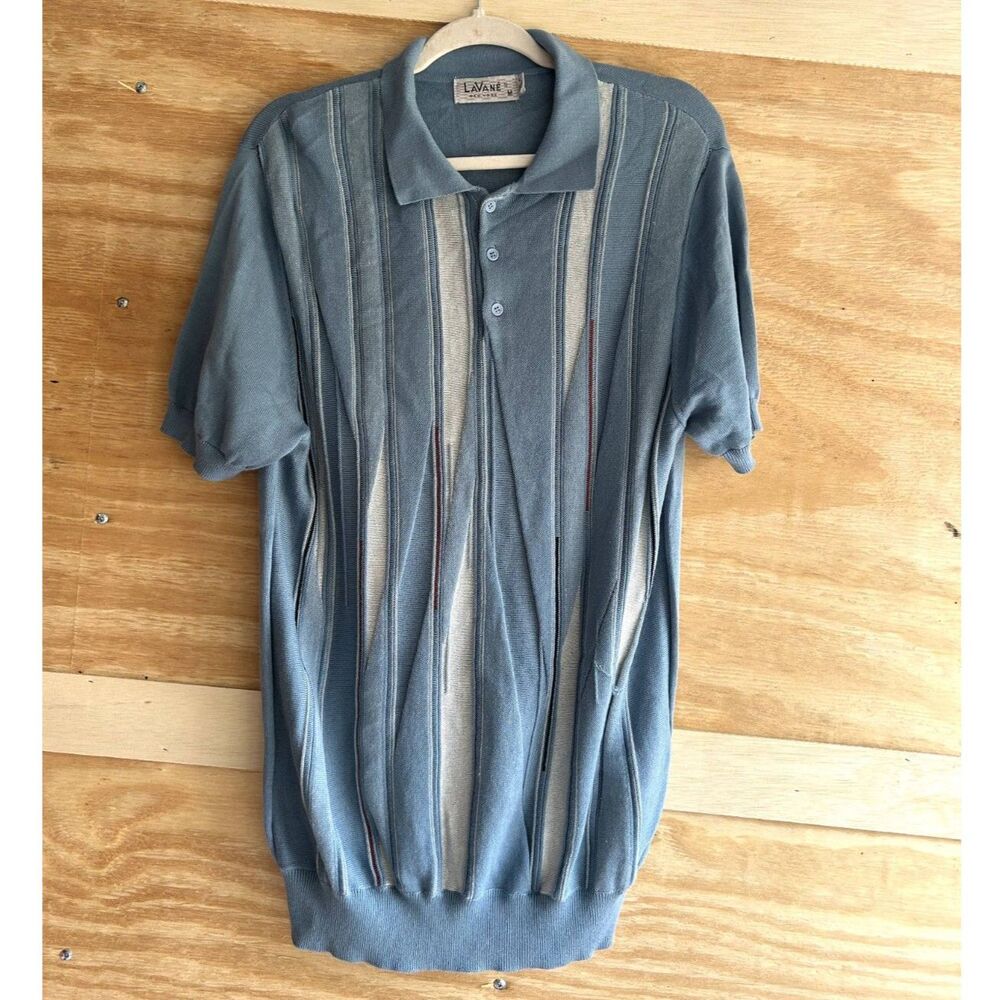 LaVane Light Knit Polo Sweater Short Sleeves Mens Size Medium Blue